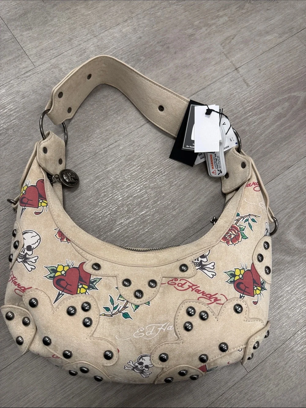 Ed Hardy Beige Studded Hobo with Tattoo Heart & Skull Print